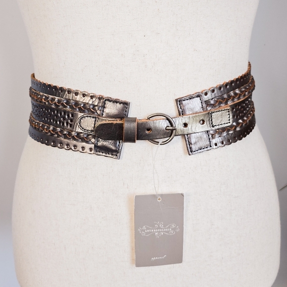 Anthropologie New Linea Pelle Leather Metallic Woven Statement Belt Size Large - Picture 1 of 9